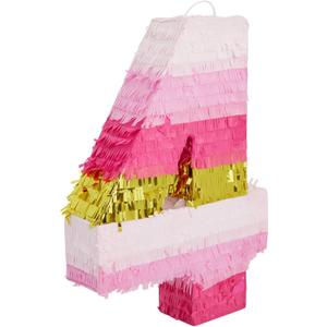 Number 4 Pinata, Pink and Gold Foil for Girls 4th Birthday Party Decorations (Small, 16.5 x 11 Inches)