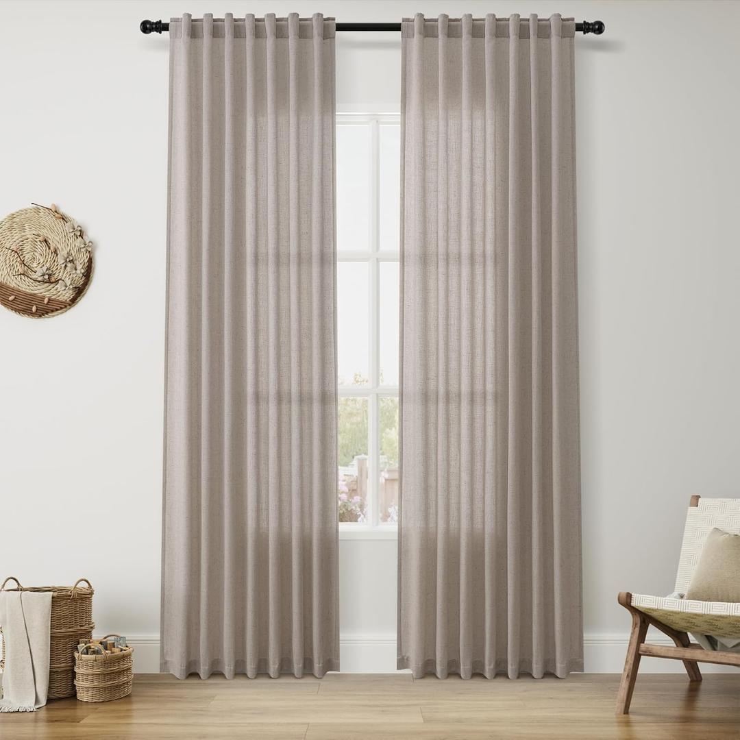 Nanspring Stone Beige Linen Curtains 84 Inches Long for Living Room Light Filtering Semi Sheer Curtain Back Tab Simple Modern Elegant Farmhouse Luxury Drapes for Bedroom Office 52x84,2 Panels