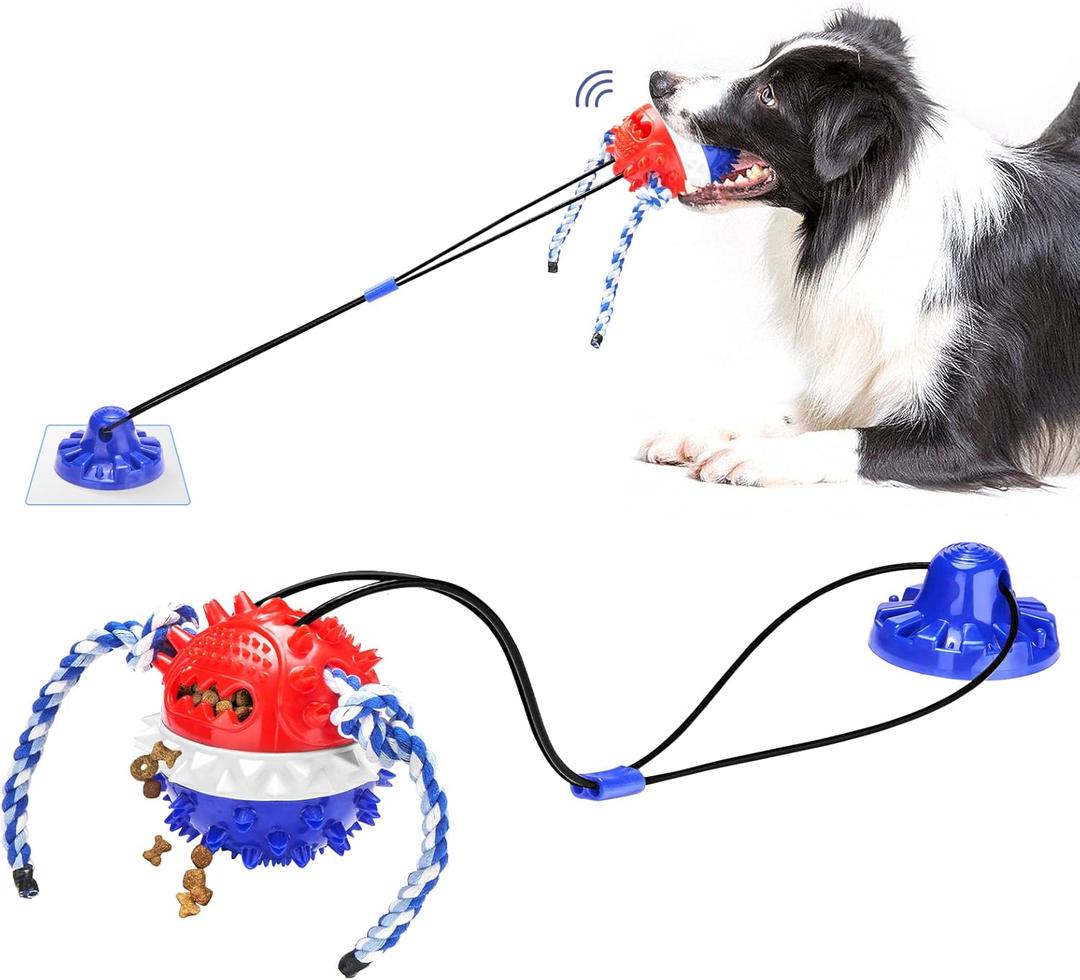 Interactive Dog Toys - Aggressive Chewer Suction Cup Tug of War, Indestructible Puzzle Toys & Treat Dispensing Ball for Dog Enrichment (Blue)