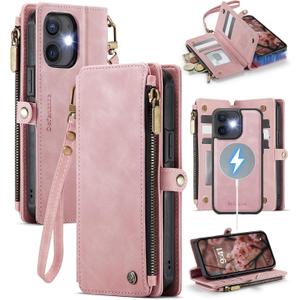 Defencase for iPhone 12/ Pro Magnetic Wallet Case Compatible with Magsafe with RFID Blocking Zipper Strap Card Holder for Women, PU Leather Detachable Case for iPhone 12 & 12 Pro 6.1 inches, Rose Pink