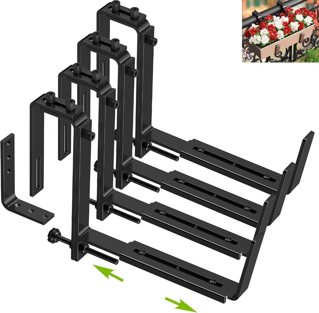 Y&M Window Box Brackets, Heavy Duty Iron Adjustable Planter Flower Box Brackets for Railings, Perfect for Balconies, Fences, and Gardens4 Packs (4p)