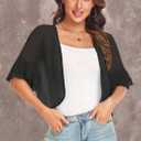 Women's Cardigan Bolero Shrug Ruffle Short Sleeve Open Front Loose Sheer Jackets for Tops (Black, L)