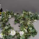 6FT Artificial Eucalyptus Garland with Flowers, 10 White Roses Baby Breath Garland Floral Greenery for Wedding Party Centerpiece Table Runner Backdrop Wall Decor Decoration