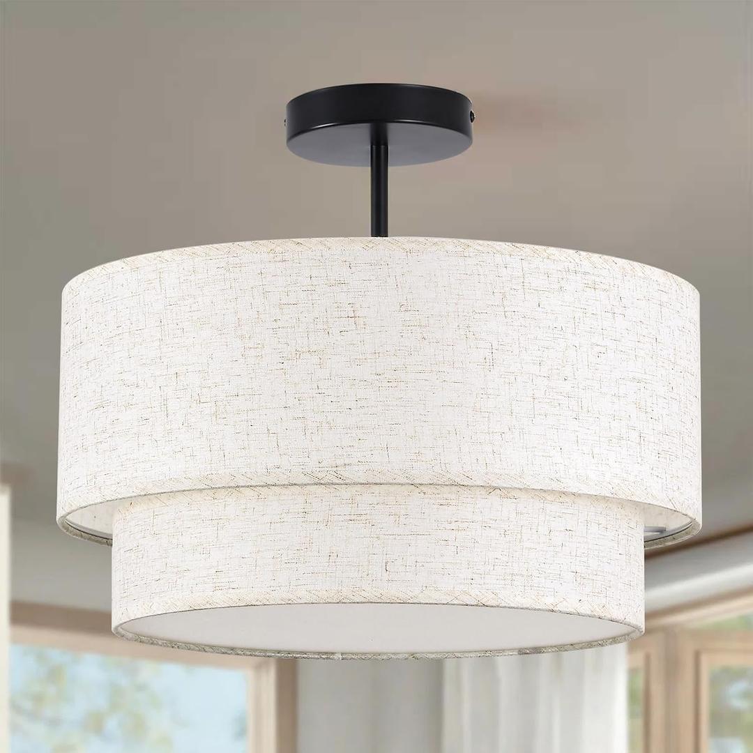Semi Flush Mount Ceiling Light, 3 Light Linen Drum Light Fixture