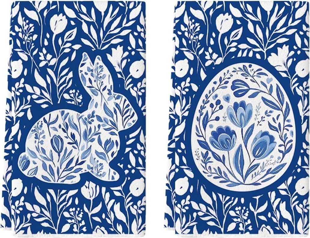 Artoid Mode Blue Porcelain Bunny Egg Easter Kitchen Towels Dish Towels, 18x26 Inch Spring Farmhouse Flowers Decoration Hand Towels Set of 2