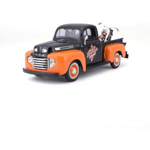 1948 Ford F-1 Pickup Truck with 1958 Harley Davidson FLH Duo Glide Motorcycle Orange and Black 1/24 Diecast Models by Maisto