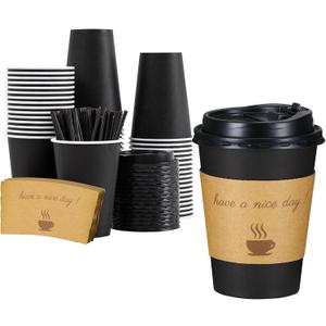 Lamosi 12 oz Disposable Coffee Cups with Lids 50 Pack, Hot Paper To Go Cups with Lids, Stir Sticks and Sleeves, for Home, Travel, Office