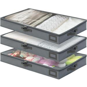 4-Inch Under Bed Storage Containers (3-Pack) | Sturdy Sidewalls | Clear Cover & Label Holder | Underbed Organizer for Crib/Couch | Stores Clothing/Blankets/Wrapping Paper/Toys