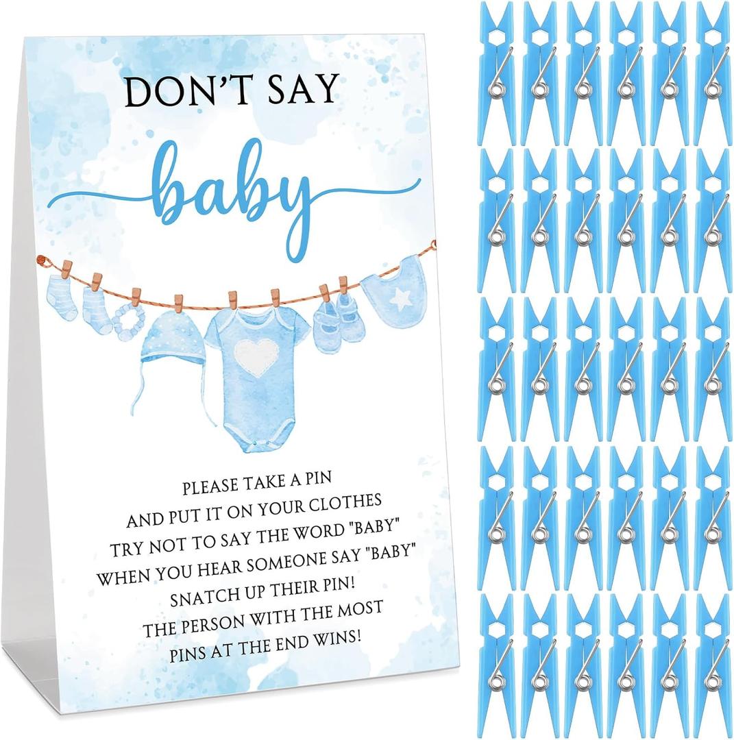 51 Pcs Baby Shower Games Supplies Include Blue Clothespins Don't Say Sign and 50 Plastic Clip Funny Baby Shower Party Decorations for Gender Reveal Favors