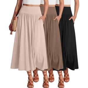 Ficerd 3 Pack Maxi Long Skirts for Women, Ankle Length High Waisted Pleated Flowy a Line Summer Casual Skirts with Pockets XL