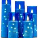 Raycare Flameless Candle with Remote Timer  5 Flickering Acrylic Battery Operated LED Pillar Candles with Embedded Star String for Christmas, Home Decor, and as a Gift(Blue)
