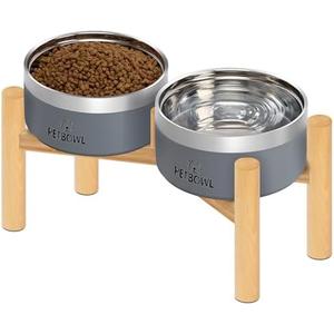 UPSKY Elevated Dog Bowls – 27oz Stainless Steel Anti-Spill Set with Wooden Stand, Double Raised Bowls for Small/Medium Dogs to Reduce Neck Strain & Improve Digestion