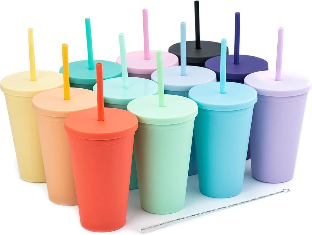 Tumblers with Lids (12 pack) 16oz Colored Acrylic Cups with Lids and Straws | Double Wall Matte Plastic Bulk Tumblers With FREE Straw Cleaner! Vinyl Customizable DIY Gifts (Assorted) (0_Multicolor)