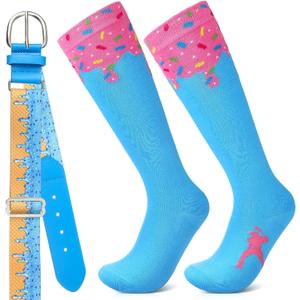 Ice Cream Drip Baseball Belt and Sock Combo, Youth Adult Adjustable Elastic Softball Belt Sock for Sport Practice (Blue, L)