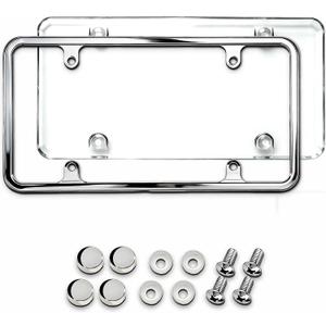Premium Clear License Plate Covers & Chrome Frames with Screw Caps, Street Legal Universal Fit, Heavy Duty Rattle-Free & Rust-Free Zinc Chrome Frames & Clear License Plate Covers for Women & Men
