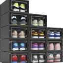 12 Pack Shoe Organizer Boxes, Black Plastic Stackable Shoe Storage Bins For Closet, Space Saving Shoe Holder Sneaker Display Case for Medium Size Shoes