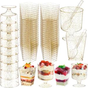 Patelai 300 Pack Gold Glitter Dessert Cups with Spoons Plastic Parfait Cups with Gold Powder for Party Include Disposable 6oz Round and 5oz Square for Ice Cream Pudding Fruit Wedding Bridal Shower