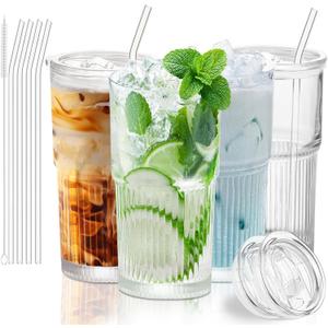 18.5oz Glass Cups with Lids and Straws - Set of 4 Reusable Tumblers, Thickened Shatter-Resistant Glass, Ideal for Iced Coffee, Smoothies, Cocktails, Juices - Elegant & Durable Drinkware