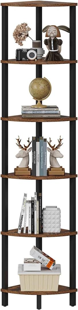 VIMBER Corner Shelf, 6-Tier Corner Bookshelf, Industrial Corner Ladder Shelf, DIY Storage Shelves, Rustic Display Shelf for Living Room, Bedroom, Kitchen, Home Office, Rustic Brown and Black UJSJ004F