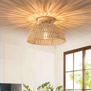 ALAISLYC 13 Inch Rattan Flush Mount Ceiling Lights Farmhouse Boho Ceiling Light Fixtures Rustic Wicker Hand Woven Rope Cage for Dining Room Kitchen Bedroom Foyer Hallway Entryway