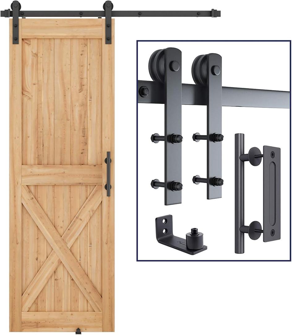 SMARTSTANDARD 5 FT Heavy Duty Sturdy Sliding Barn Door Hardware Kit, Black, (Whole Set Includes 1x Pull Handle Set & 1x Floor Guide) Fit 28''-30" Wide Door Panel (I Shape Hanger)