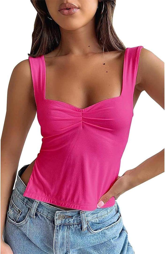 Hafailia Womens Tank Tops Crop Sexy Summer Sleeveless Backless Slim Fitted Pleated Cut Out Y2K Shirts with Slit Rose (S)