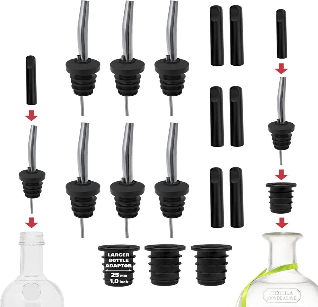 Stainless Steel Liquor Bar Bottle Pourers - Drip-Free Nozzle - Pour Spouts for Alcohol & Bartending - Universal Fit Speed Spout - Rust-Free & Easy Clean - Chrome (6 Pack)