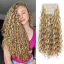 REECHO Curly Clip in Hair Extensions, 4PCS 24 inch Long Hair Extensions Clip ins Lace Weft Natural Hairpieces for Women Daily, Medium Blonde with Highlights