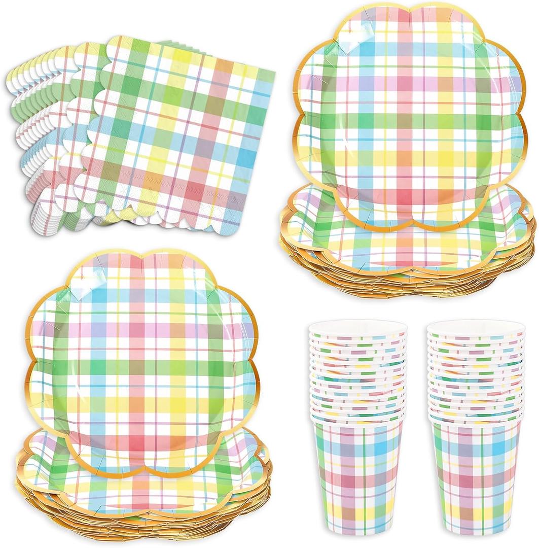 Whaline 72Pcs Easter Spring Party Supplies Pastel Plaid Disposable Dinnerware Set Colorful Checkered Scalloped Paper Napkins Plates Cups for 24 Guests Tableware Decor