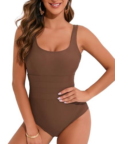 HAIVIDO Women's One Piece Swimsuit Tummy Control Scoop Neck Square Back Slimming Bathing Suit Brown XXL