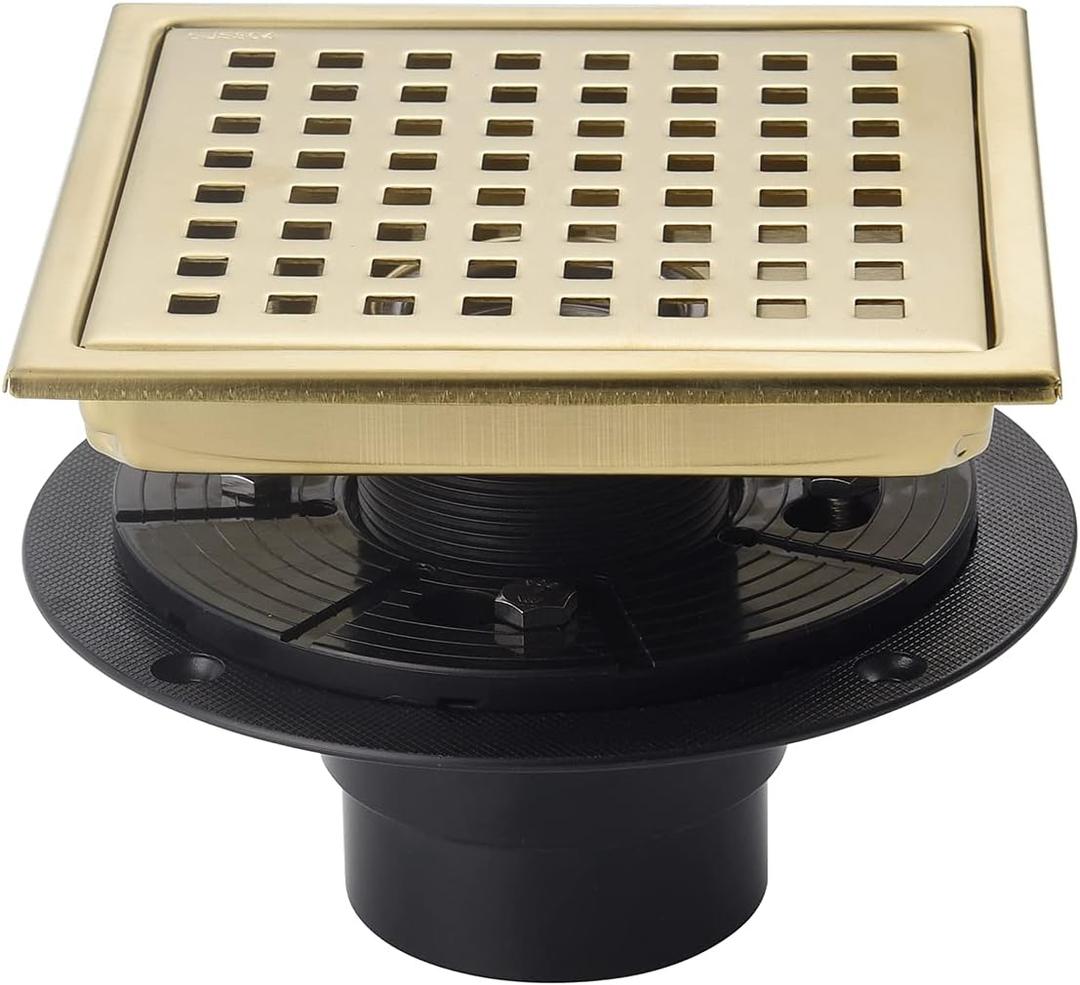 6 Inch Shower Drain Brushed Gold with Adjustable Shower Drain Base Flange SUS304 Stainless Steel Floor Drain Cover Removable Mesh Grille