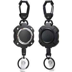 LIUGX 2 Pack Retractable Keychain, Heavy Duty Carabiner Key Chains, 10,000+ Rebound, Impact Resistance ID Badge Reels with 31.5 Wire Rope and Key Ring, Up to 8oz, Aluminum Ring, Carbon Fiber-Texture (Silver)