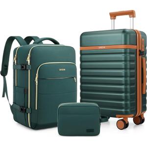 Luggage Sets 3 Piece, Carry On Luggage 20In With Spinner Wheels,PC Hardside Suitcase Set with TSA Lock,Durable Carry On Suitcase With Travel Backpack for Men (Dark Green, 3 piece set (BP/20inch))