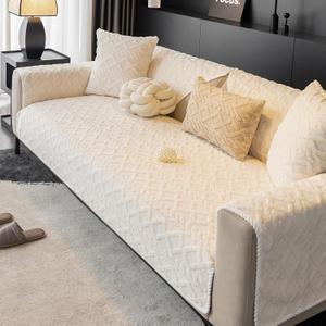 Geometric Jacquard PlushSofa Cover,Non Slip Sectional CouchCover.Warm Faux Fur CouchCover(White,36"x70"/3-Seater Sofa Cover)