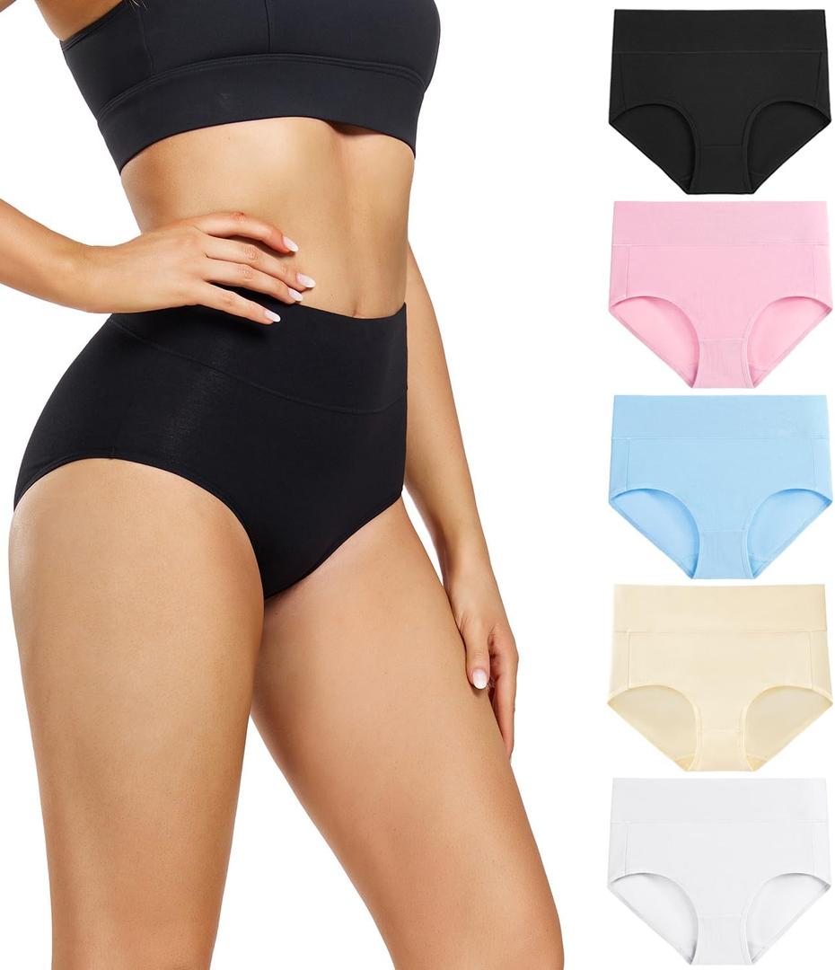 wirarpa Women's Underwear High Waisted Ladies Cotton Panties Soft Full Coverage Briefs 5 Pack (Regular & Plus Size) (Medium)