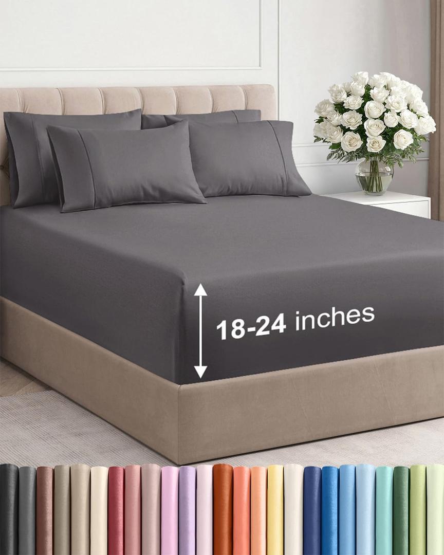 Extra Deep King Sheet Set - 6 Piece Breathable and Cooling Sheets - Hotel Luxury Bedding for Women, Men, Kids & Teens - Easy & Secure Fit - Soft, Wrinkle Free and Comfy w/ Extra Deep Pockets - Grey