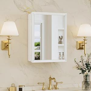 TokeShimi 14 x 18 White Recessed Medicine Cabinet with Mirror, Assembly Required, Medicine Cabinet for Bathroom, Stepless Adjustable Shelves, Beveled Aluminum Frame, DTC Hinge