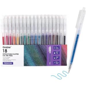 Grabie Glitter Gel Pens, 18 Colors Glitter Gel Pens Set, Retractable Sparkle Gel Ink Pens for Coloring Books, Journaling, Drawing, Scrapbooking & DIY Crafts, Smooth Writing Art Pens for Creative Work