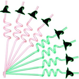 Teenyyou 24pcs Reusable Plastic Drinking Straws Crazy Wizard Party Favors Straws, Wizard Hat Shape, Green and Pink Colors, for Themed Party Decor Witch Birthday Supplies