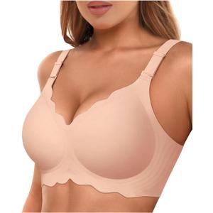 Bras for Women No Underwire Wireless Bras with Support & Lift Seamless Scalloped Full Coverage Tshirt Bra (Beige, XL)