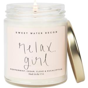 Sweet Water Decor Relax Girl, Peppermint, Cedar, Clove, and Eucalyptus Scented Soy Wax Candle for Home | 9oz Clear Jar, 40 Hour Burn Time, Non Toxic, Made in The USA