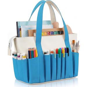 Locmeo Art Organizer Craft Storage Tote Bag with Pockets and Handles Blue Pottery Tool Bag Washable Canvas Craft Tote with Rigid Bottom for for Teacher Officer Artist Traveler