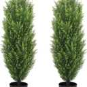 THE BLOOM TIMES 3ft Tall Topiary Trees Artificial Outdoor, UV Resistant Faux Cedar Pine Cypress Bushes Shrubs, 3 Foot Fake Potted Plants for Front Porch Outside Planter Patio Christmas Decor, Set of 2 (Yellow Green)