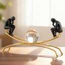 Thinker Statue with Crystal Ball, Modern Home Sculptures Black and Gold Living Room Decor Home Office Bookshelf Desktop Display Decoration