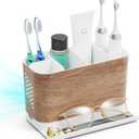 Bathroom Organizers and Storage 6 Slots Wood Grain Electric Toothbrush Holders with Phone Holder and Adjustable Dividers, Cord-Friendly Toothbrush Organizer with Drainage for Family, Kids