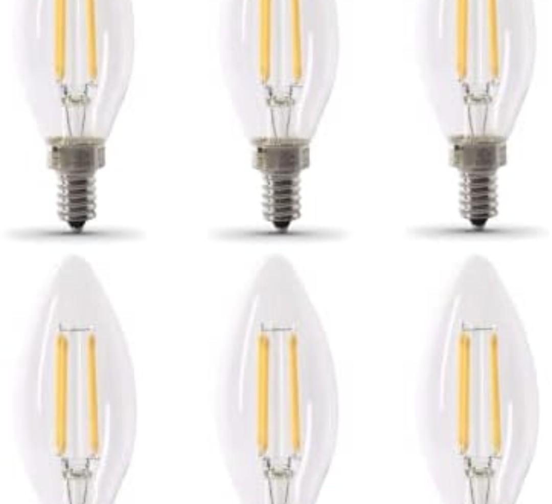 Feit Electric 40W Equivalent Candelabra LED Light Bulb, Dimmable, E12 Base, 2700K Soft White, B10 Filament Torpedo Tip Decorative Lighting Bulbs, 13-Year Lifetime, CTC40/927CA/FIL/6, 5-Pack