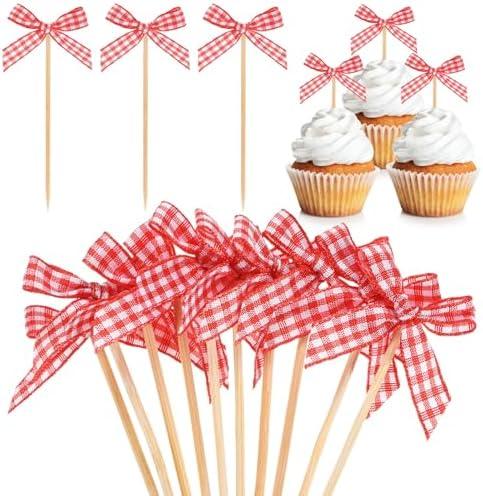 M METERXITY 60-Pack Bow Cupcake Toppers, Ribbon Bow Cake Toppers Plaid Bowknot Cupcake Picks Birthday Cake Decor for Bridal Shower/Wedding/Bachelorette Party/Birthday Decor [Red]