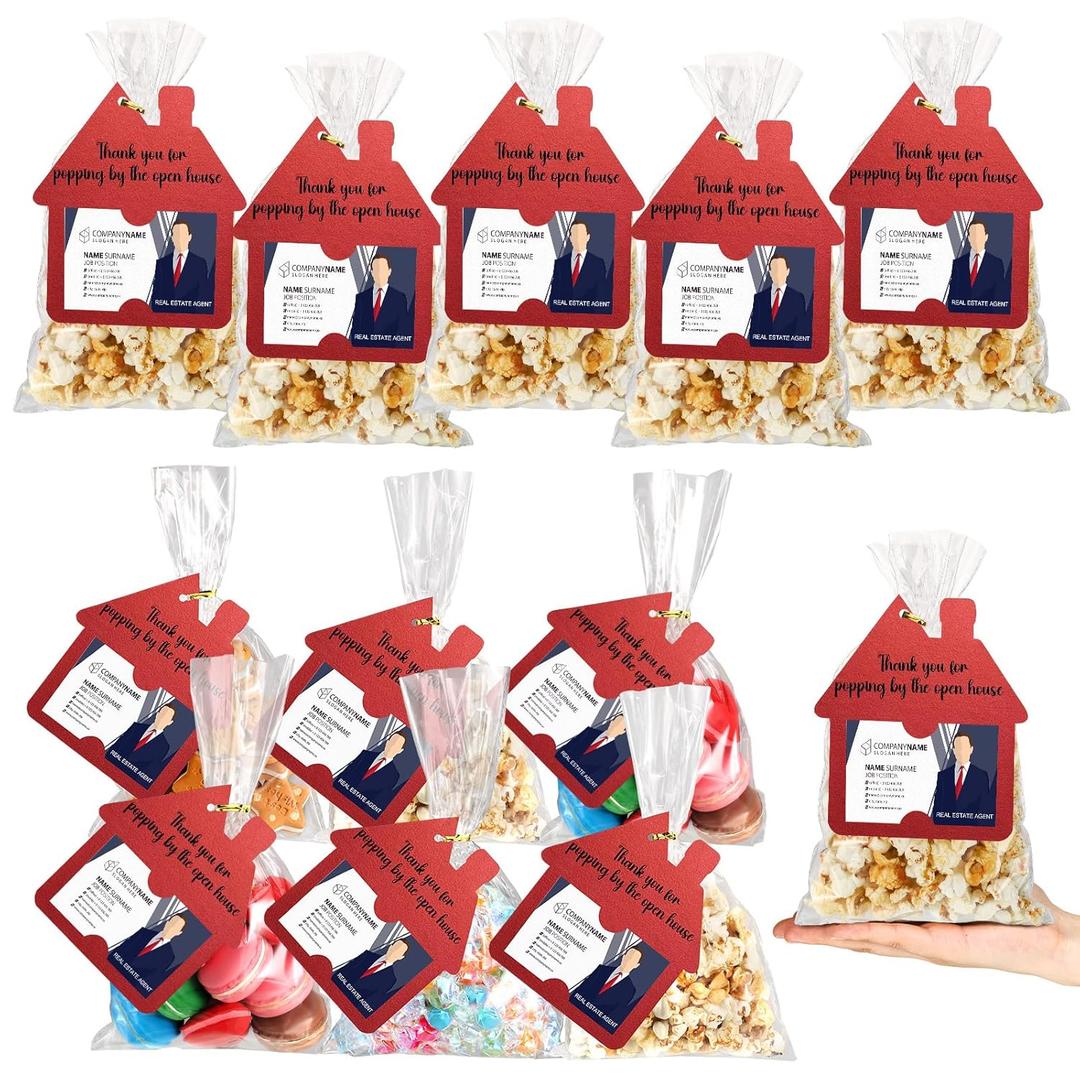 Hoolerry 100 Set Open House Popcorn Bag with Tag Real Estate Agent Thanks Tag Business Card House Shaped Paper Gift Popcorn Candy Biscuits Bag for Estate Agent Favors Supplies(Red Color)