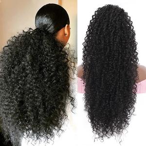 Youthfee 27 Drawstring Ponytail Deep Curly Heat Resistant Human Hair Blended Instant Clip Ponytail Extension Protective Style Afro Kinky Curly Hair Pieces for Women (27 Inch Black)