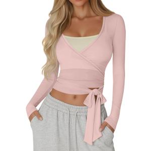 Women Wrap Tie Tops Lightweight Slim Fit Ballet Pilates Yoga Workout Active Shirts Long Sleeve V Neck Casual Tees (Pink, S)